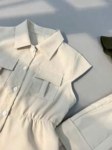 SHEIN Bộ 2 áo thun ngắn tay phong cách thường ngày cho bé gái và quần túi hộp phù hợp cho các chuyến đi chơi thành phố, mặc hàng ngày, đi học, tiệc tùng và các dịp khác, mùa hè - Màu be - Xem 4