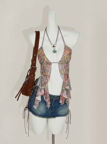 SHEIN ICON Women's Backless Halter Casual Top With Side Slit & Cashew Print - Multicolor - View 7