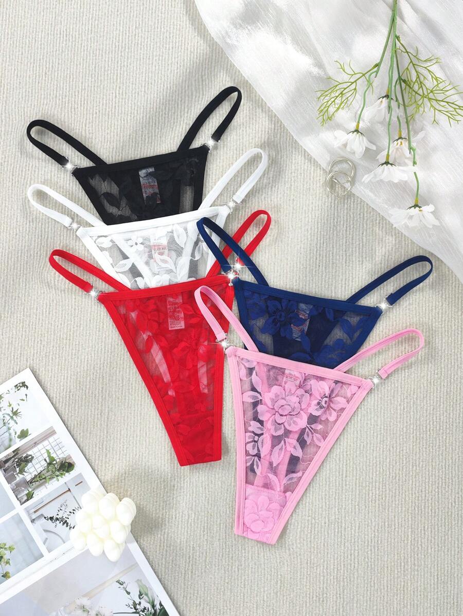 SHEIN 5pcs/Set Women Lace Floral Sexy Comfortable Thong Panties - Multicolor - View 1