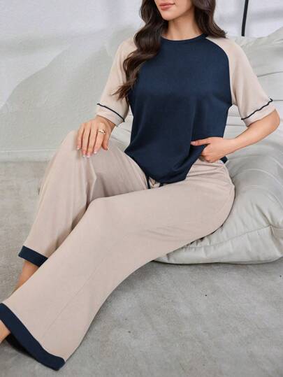 撞色插肩袖宽松休闲女式睡衣套装