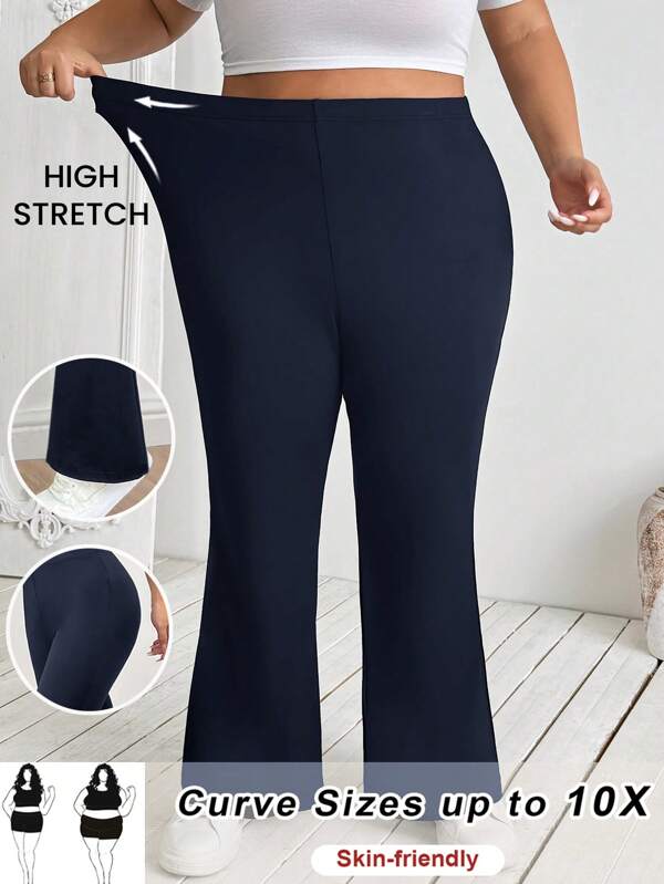 SHEIN CURVE+ Plus Size Navy Blue Knitted Flare Leg Pants: High Stretch, Casual, And Long, Perfect For Comfortable Everyday Wear.