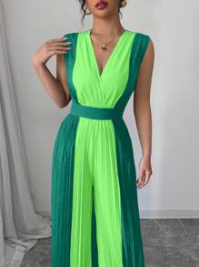Elenzga Bộ đồ liền thân ống rộng cổ chữ V xếp ly, eo thắt chặt dành cho nữ, trang phục công sở và ngày lễ thanh lịch giản dị - màu xanh lá - Xem 3