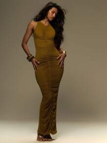 MUSERA Ruched Fitted Maxi Dress Summer Vacation Festival Outfit Y2k Spring Summer Cute Vacation Ibiza Holiday Beach Long Dress - Green - View 1