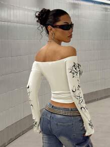 StreetHx 女士街头服饰心形印花露肩长袖 T 恤 - 白色 - 查看 2