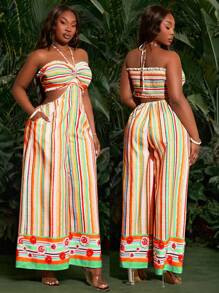 SHEIN SXY Plus Size Women's Multicolor Summer Boho Vacation Holiday Striped Print Halter Neck Ruffle Cutout Wide Leg Jumpsuit,Drawstring Waist Flirty Streetwear - Multicolor - View 9