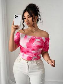Elenzga Plus Size Off Shoulder Ruched Tie-Dye Short Sleeve T-Shirt - Pink - View 5
