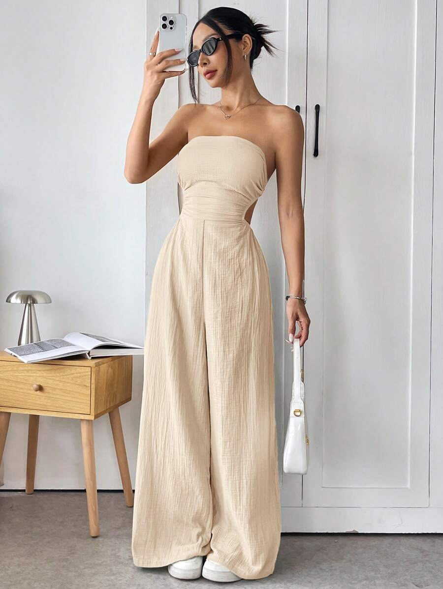 SHEIN EZwear Jumpsuit Model Tanpa Lengan dengan Potongan Lebar dan Punggung, Warna Polos Seksi untuk Musim Panas, Pengantin Wanita - Aprikot - View 1