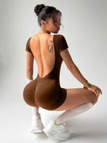 Slayform 无缝高弹运动健身瑜伽连体衣 - 棕色 - 查看 5