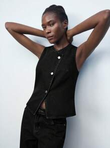 Maija 女士黑色V领单排扣宽松休闲牛仔背心，无袖，西式上衣，适合秋季商务休闲穿着 - 黑色 - 查看 7