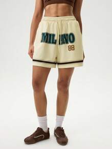 Hanevo Women's Letter Print Drawstring Waist Loose Casual Shorts Sportwear For Daily Wear