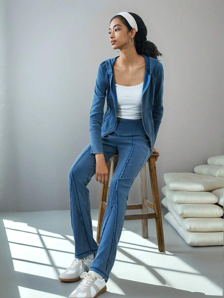 SHEIN EZwear Women's Casual Long Knitted Pants With Exposed Seam Detailing - Black - View 1