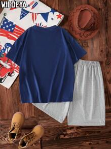 SHEIN Tween-Jungen Lässiges Sommer-Set mit T-Shirt und Shorts mit Buchstaben-Print, 2-teilig