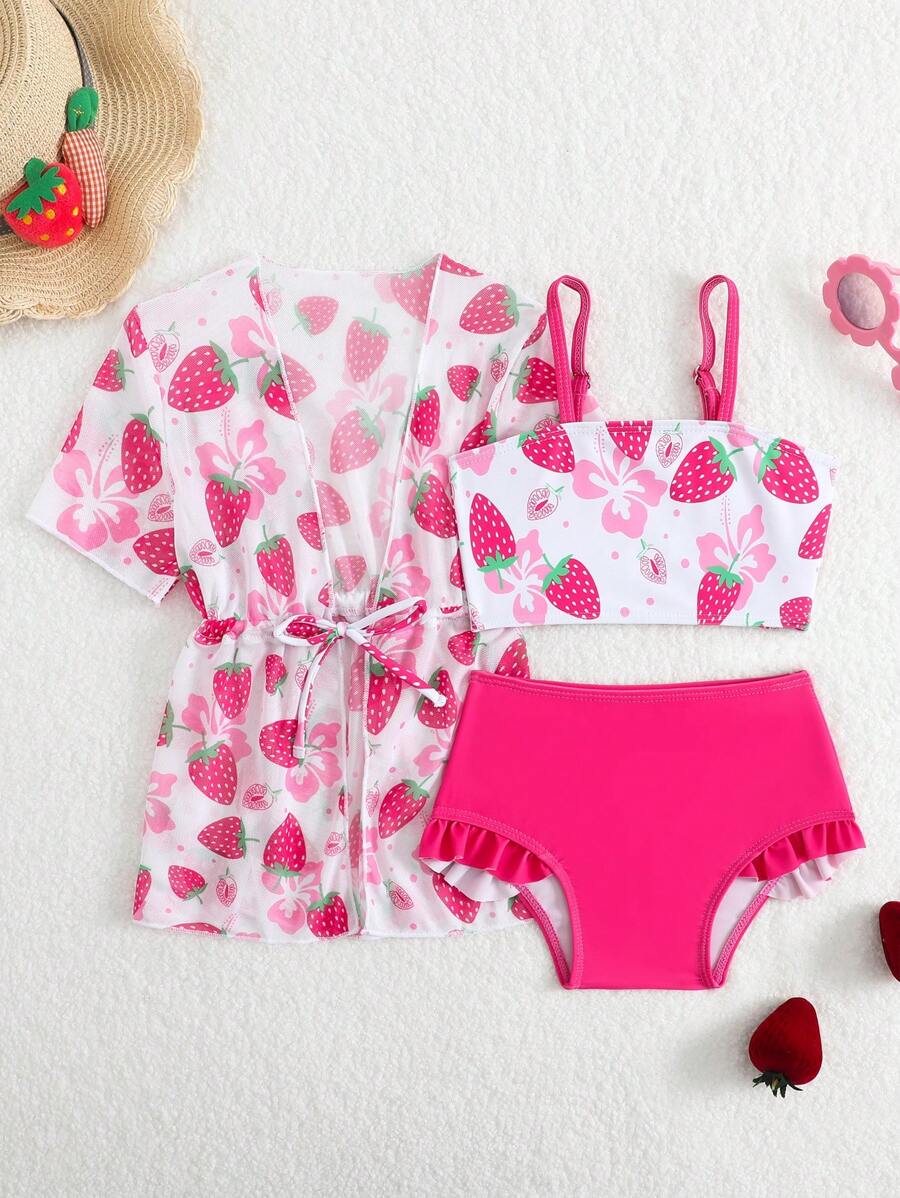 3-Piece Baby Girls' Strawberry Print Beach Swimsuit Set - Pink - View 1