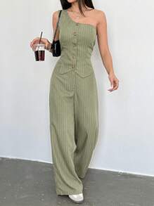 SHEIN Unity Áo hở vai sọc màu cà phê tối giản giản dị dành cho nữ 2 chiếc/bộ - màu xanh lá - Xem 3