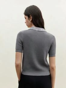 BizChic Women's Elegant Grey Diamond Rhinestones Turndown Collar Half Open Button Short Sleeve Knitted Sweater,Autumn Office Work Commuting Vacation,Gray - Grey - View 3