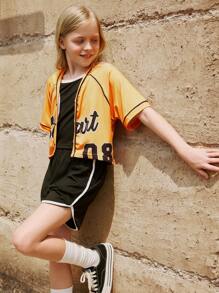 SHEIN 3pcs Girls' Casual Vest, Sporty Shorts And Vintage Graphic Tee Set, Summer - Multicolor - View 1