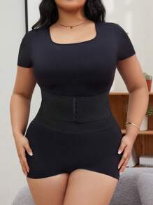 SHEIN Plus Size Women Solid Color Short Sleeve T-Shirt And Shorts Shapewear Suit - Black - View 5