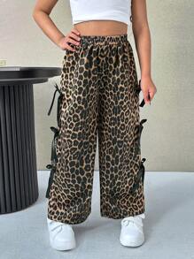 SHEIN Young Girl Chiffon Leopard Print Loose Casual Pants - Brown - View 8
