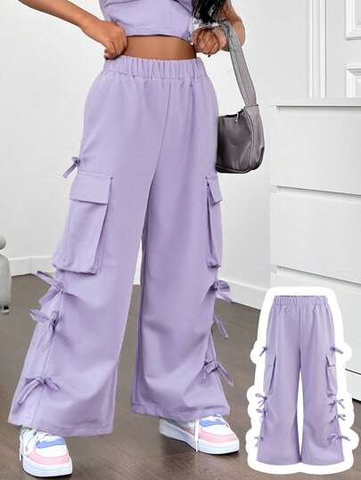 SHEIN Young Girl Simple Casual Comfortable Mid-Rise Bow Decor Pants