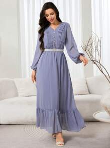 Veilorie Vestido elegante de estilo árabe para mujer con cuello en V, mangas farol y pliegues en color liso