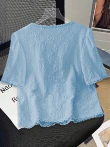 Chiquease Women's Simple Solid Color Textured Puff Sleeve Blouse For Commute - Blue - View 2