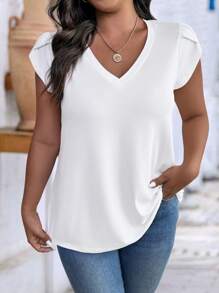 EMERY ROSE Plus Size Summer Casual Solid Color Petal Sleeve T-Shirt - White - View 7