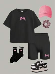SHEIN Leap Crew 2pcs/Set Young Girls Ballet Style Mini Pink Bow Pattern Casual Loose Fit Short Sleeve T-Shirt And Shorts Set, For Summer - Black - View 3