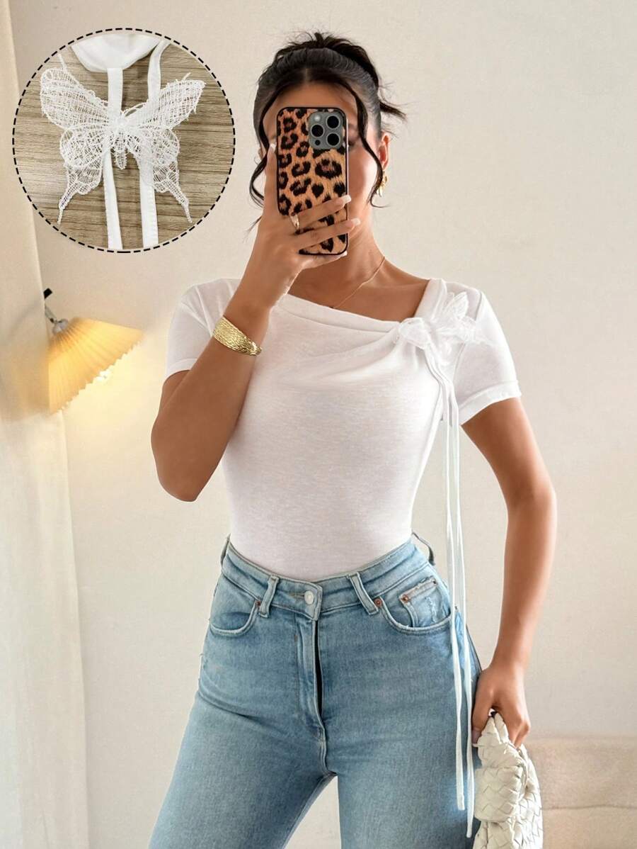 Chiquease Summer Elegant 3D Butterfly Decoration Asymmetric Collar T-Shirt - White - View 1