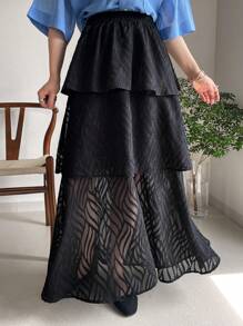 FRIFUL Women's Black A-Line Multi-Layer Ruffle Skirt, Concert Skirt - Black - View 6