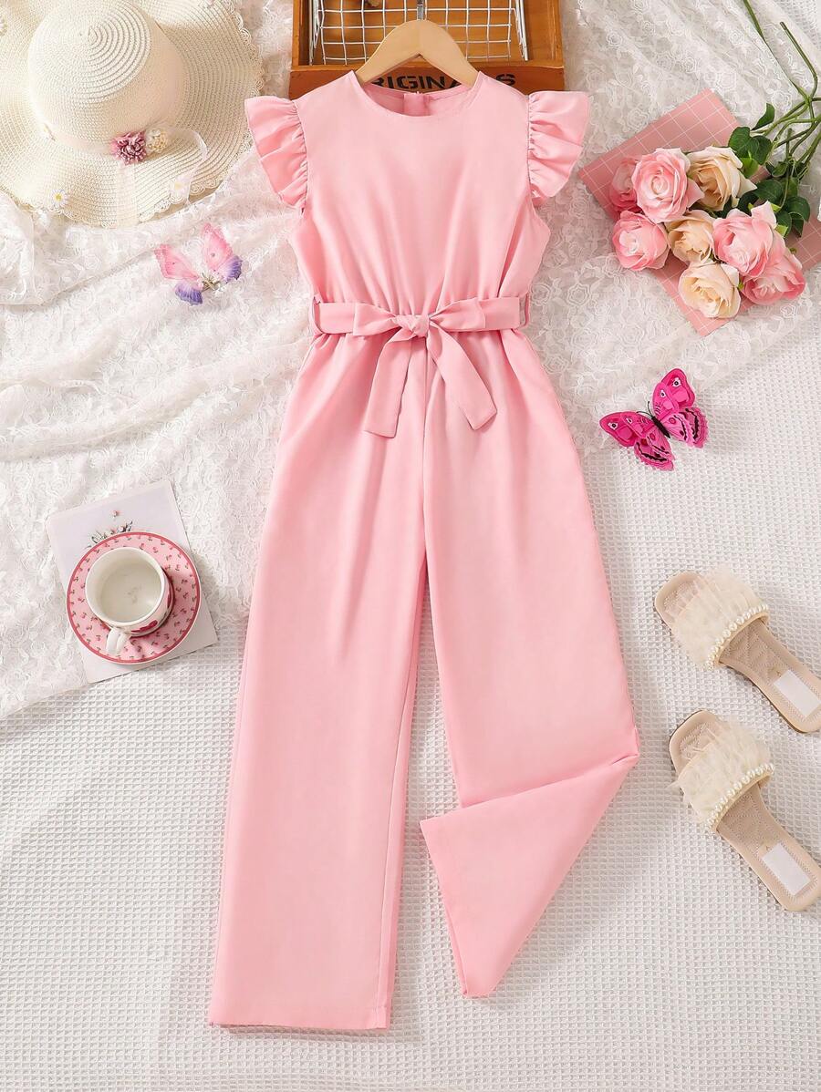 SHEIN Bộ đồ liền thân màu trơn thường ngày mùa hè cho bé gái tuổi teen có tay áo lửng - Màu Hồng baby - Xem 1