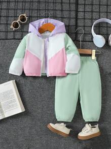 Conjunto de chaqueta de manga larga con capucha y bloques de color, para bebé niña, otoño - Multicolor - Ver 1