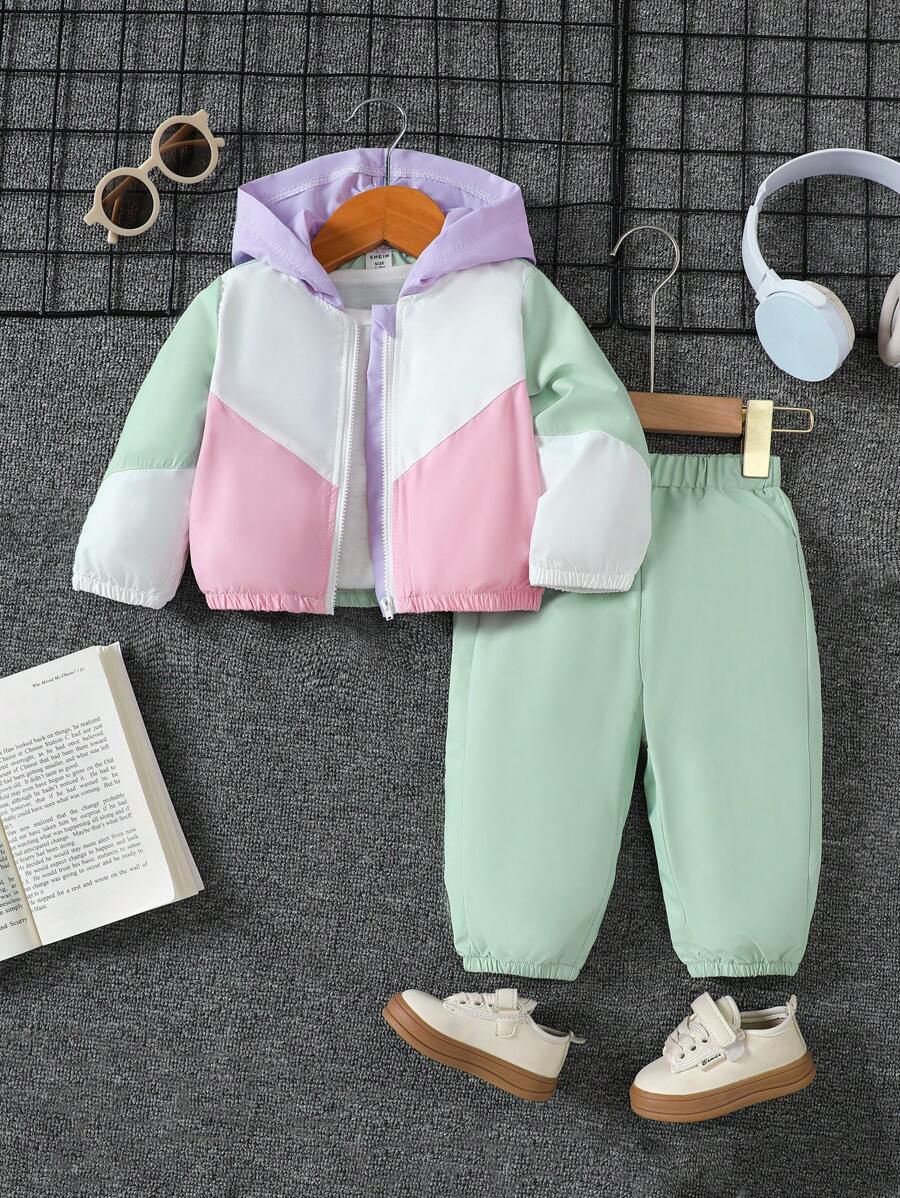 Conjunto de chaqueta de manga larga con capucha y bloques de color, para bebé niña, otoño - Multicolor - Ver 1