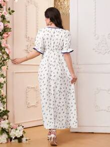 SHEIN Maternity Puff Sleeve Ditsy Floral Elegant Dress - White - View 4