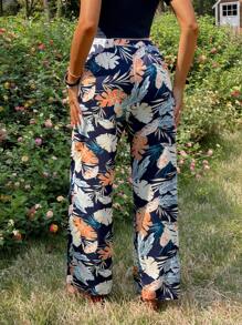 SHEIN Maternity Tropical Leaf Print Long Pants And Round Neck T-Shirt 2 Pieces Set - Blue - View 2