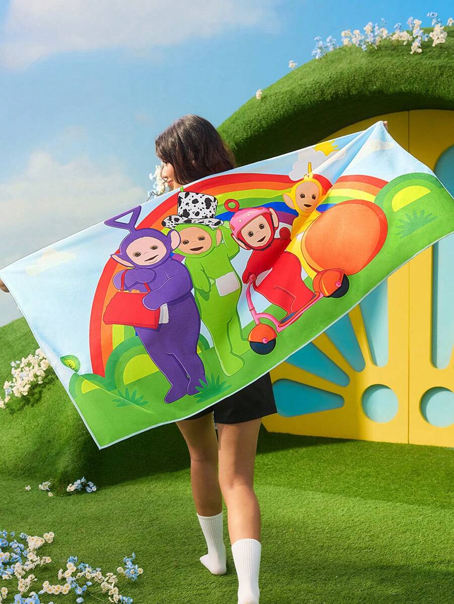 Teletubbies X SHEIN Rainbow & Cute Cartoon Graphic Absorbent Material Beach Towel, Large Size Bathroom, Beach, Swimming Pool - Multicolor - View 1