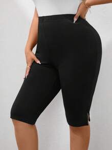 SHEIN PETITE 大码纯色开叉下摆紧身裤 - 黑色 - 查看 4