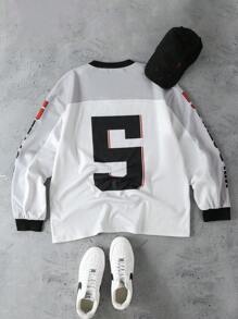 Men's Loose Fit Numeric Print Long Sleeve Pullover Sweatshirt - Apricot - View 7