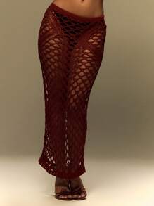 Musera Resort Y2K风格镂空钩针编织修身长裙罩衫，适合夏季度假、节日狂欢等场合。 - 紅色 - 查看 2