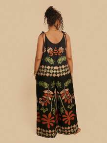 Travachic Macacão Folgado com Estampa Tropical Geométrica sem Alça com Bolsos, Estilo Casual de Férias, Verão, Plus Size para Mulheres