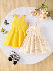 SHEIN 2 件套女婴休闲百搭可爱有趣甜美复古蓝色碎花吊带连衣裙，多色组合，春夏季，适合节日、生日、拍照、户外活动、日常休闲、度假，适合 3 个月至 3 岁 - 彩色 - 查看 2