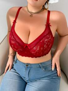 Plus Size Lace Contrast Mesh Underwire Lingerie Bra