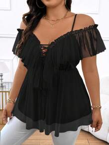 Elenzga Plus Size Solid Color Ruffle Ruffled Hem Casual Shirt, Summer