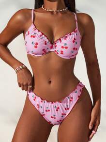 Swim Mod Conjunto de traje de baño con estampado de cerezas y volantes floral dulce para mujer