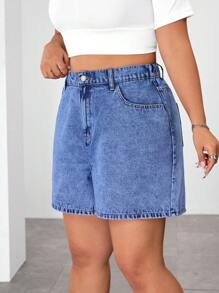 SHEIN EZwear 大码夏季休闲斜口袋宽松直筒牛仔短裤 - 藍色 - 查看 1