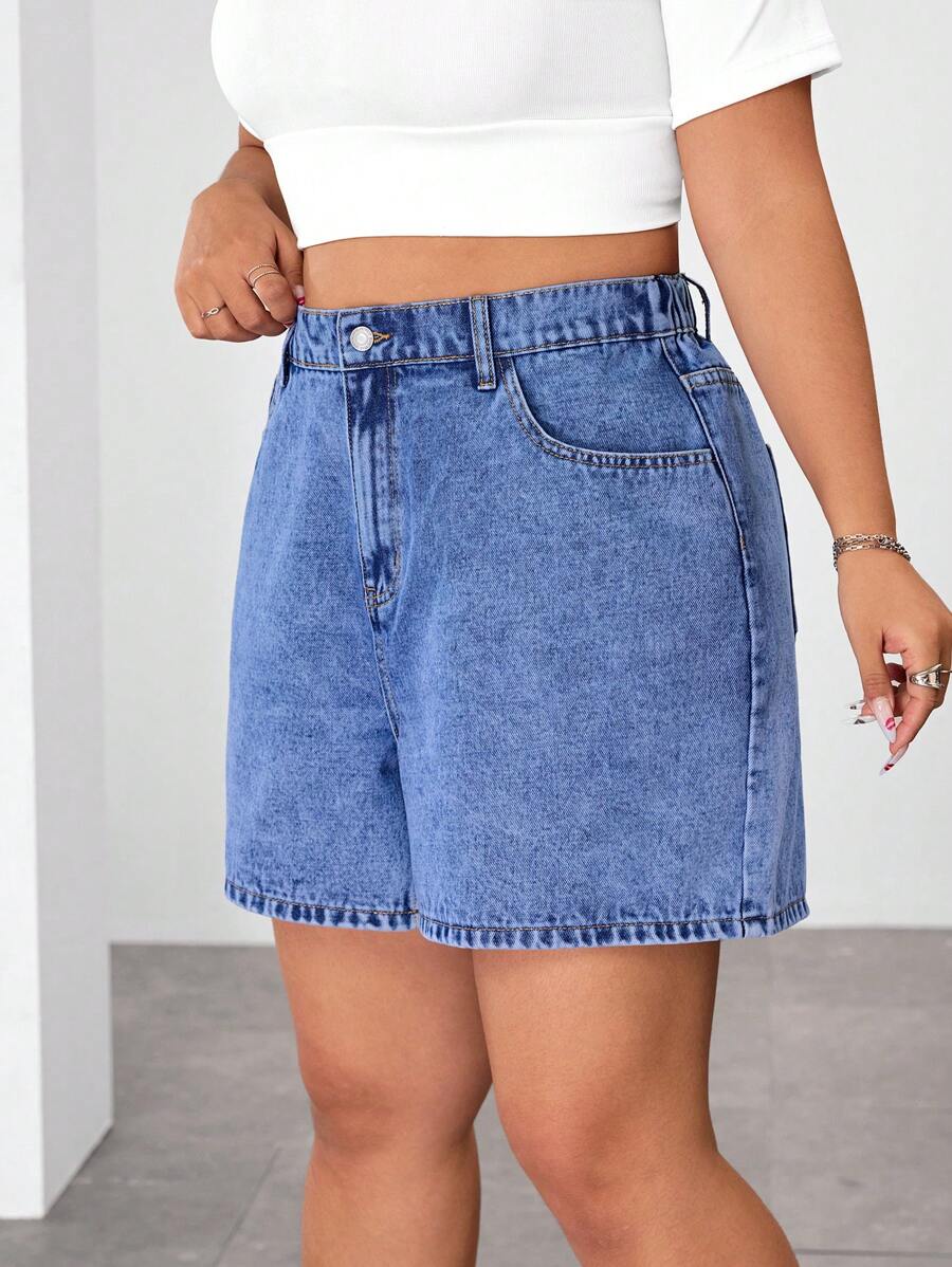 SHEIN EZwear 大码夏季休闲斜口袋宽松直筒牛仔短裤 - 藍色 - 查看 1
