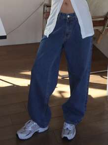 DAZY Jeans larghi blu navy con tasche, casual, a carrota, per donna