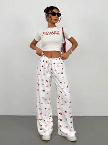 SHEIN PETITE Pantaloni casual da donna con stampa su tutto il capo e laccio frontale, stile minimalista per uso quotidiano