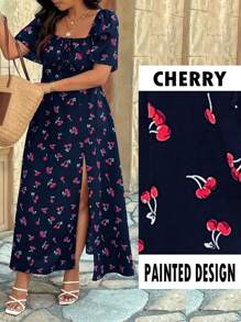 SHEIN Clasi Plus Size Cherry Print Pattern Short Sleeve Halter Neck Chest Tie Up Waist Back Elastic Hem Side Split Ankle Length Dress, Cute For Vacation/Dating - Multicolor - View 5
