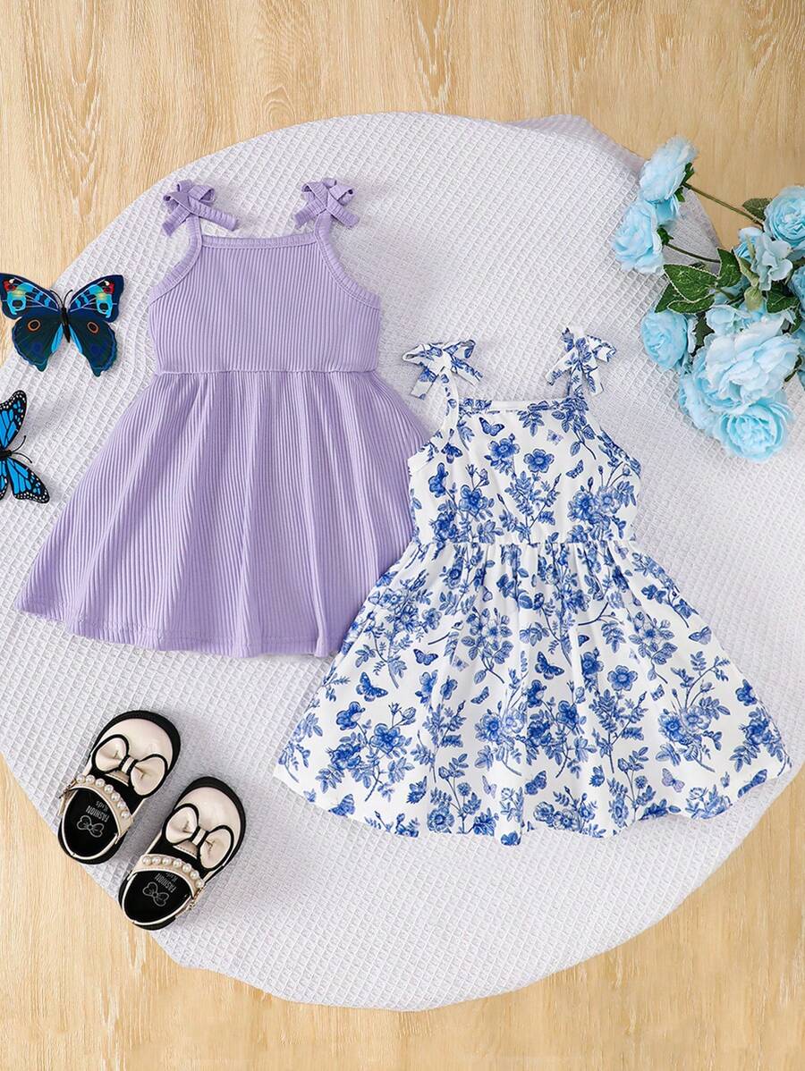 SHEIN 2 chiếc váy dây in hoa cổ điển thanh lịch dễ thương và vui nhộn cho bé gái, phù hợp cho lễ hội, sinh nhật, hoạt động ngoài trời, trang phục thường ngày, kỳ nghỉ, lứa tuổi 3 tháng - 3 tuổi - Nhiều màu - Xem 1