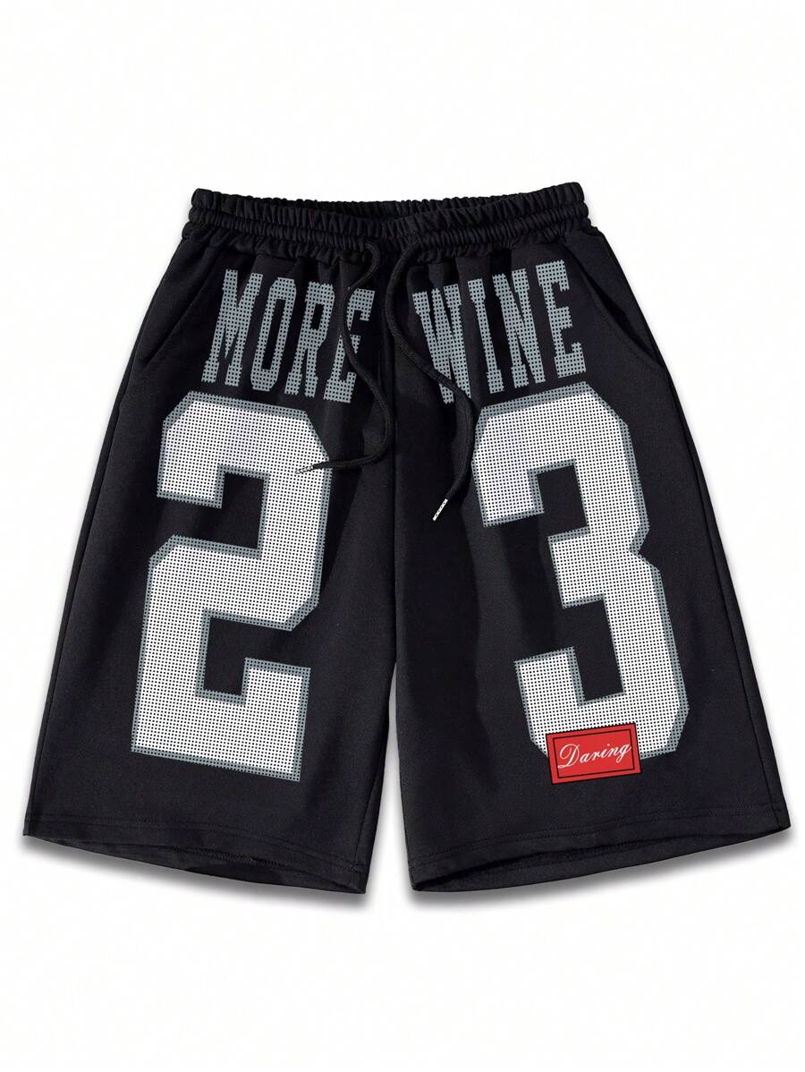 Manfinity Dauomo Men's Casual Numeric Print Drawstring Waist Pocket Shorts - Black - View 1